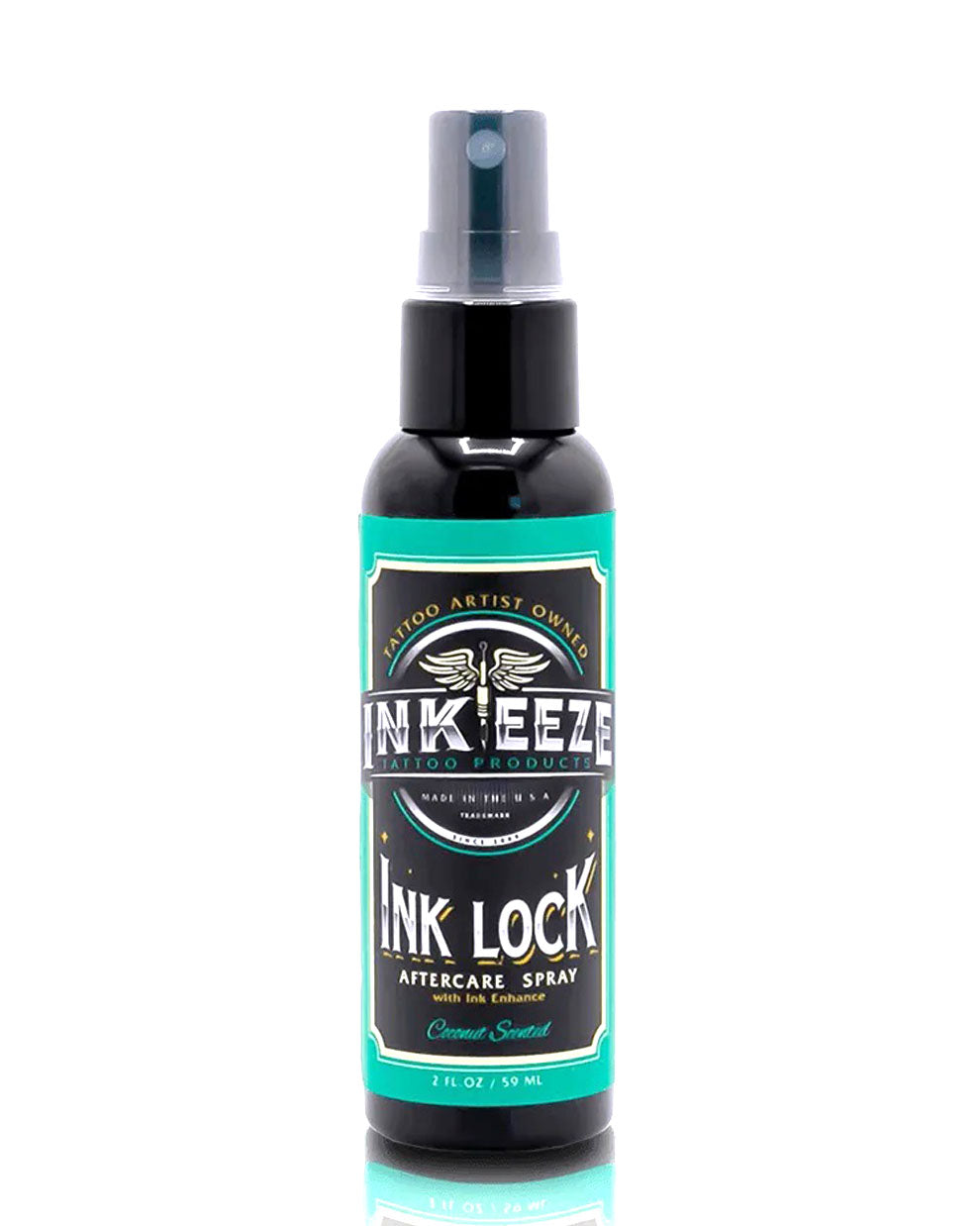 INKEEZE Ink Lock Tattoo Aftercare Spray 2oz bottle for fresh tattoo care, lightweight spray format, available at COZ Tattoo Supplies Canada