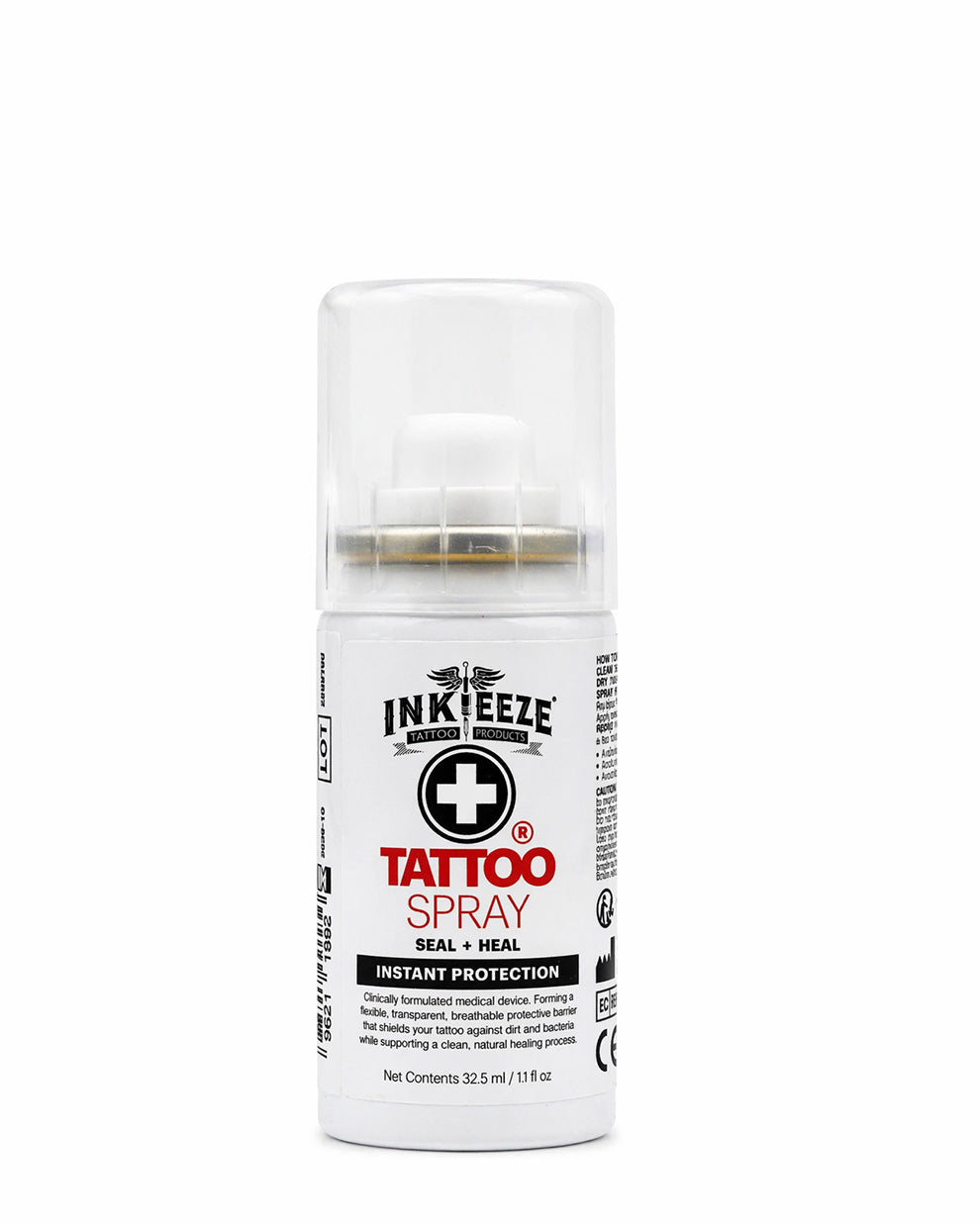 INKEEZE tattoo spray contact free tattoo finish 32.5ml close up label detail bottle clean white background coz tattoo supplies