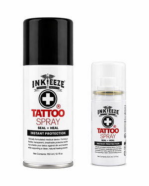 INKEEZE tattoo spray contact free tattoo finish 150ml and 32.5ml bottles set front view clean white background coz tattoo supplies