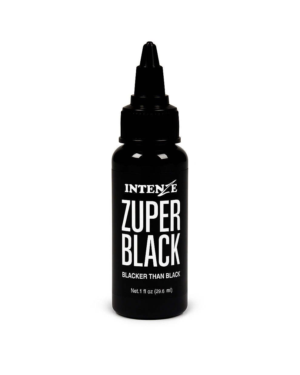 Intenze Zuper Black Tattoo Ink bottle – premium black tattoo ink for professionals in Canada. Perfect for bold lining and deep saturation.