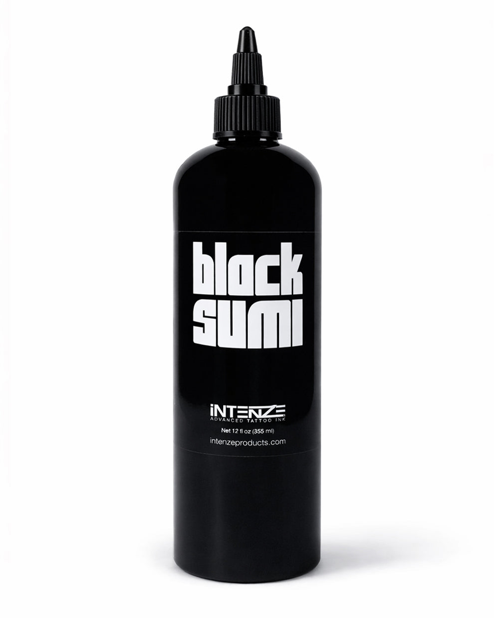 Intenze Black Sumi tattoo ink 12 oz bottle on a clean white background, professional studio product photo by Coz Tattoo Supplies