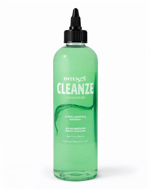 Intenze Cleanze Concentrate tattoo soap 12 oz (355 ml) bottle on pure white background, professional studio product photo, Coz Tattoo Supplies