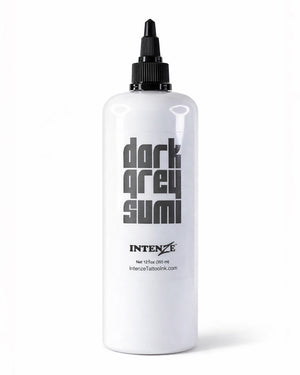 Intenze Dark Grey Sumi tattoo ink 12 oz bottle on white background, professional studio product photo by Coz Tattoo Supplies