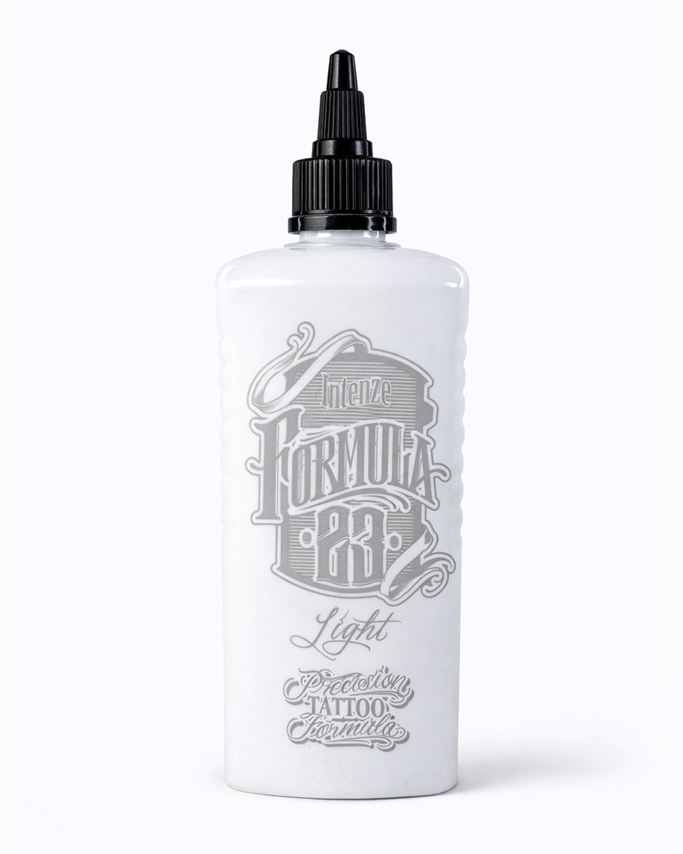 Intenze Formula 23 Light tattoo ink bottle 12oz on pure white background, professional studio product photo by COZ Tattoo Supplies