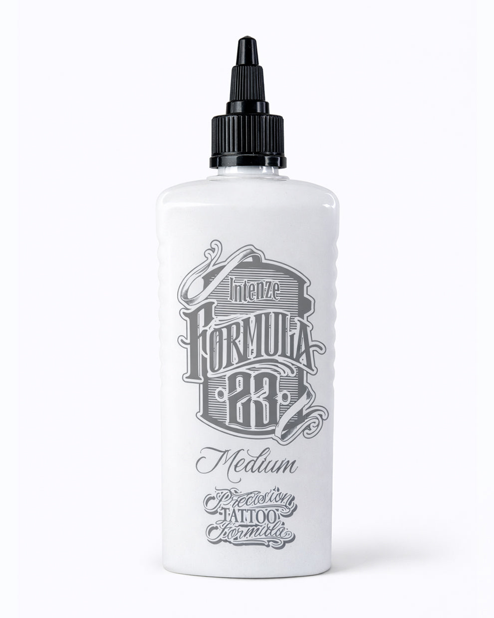 Intenze Formula 23 Medium precision tattoo ink bottle 12 oz on pure white background studio product photo by COZ Tattoo Supplies