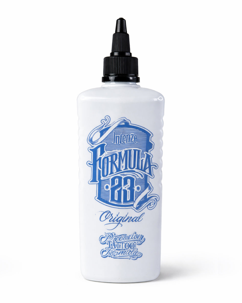 Intenze Formula 23 Original tattoo ink bottle 12 oz on pure white background studio product photo