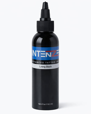 Intenze Lining Black 4oz professional tattoo ink bottle on clean white background, studio product photography by Coz Tattoo Supplies
