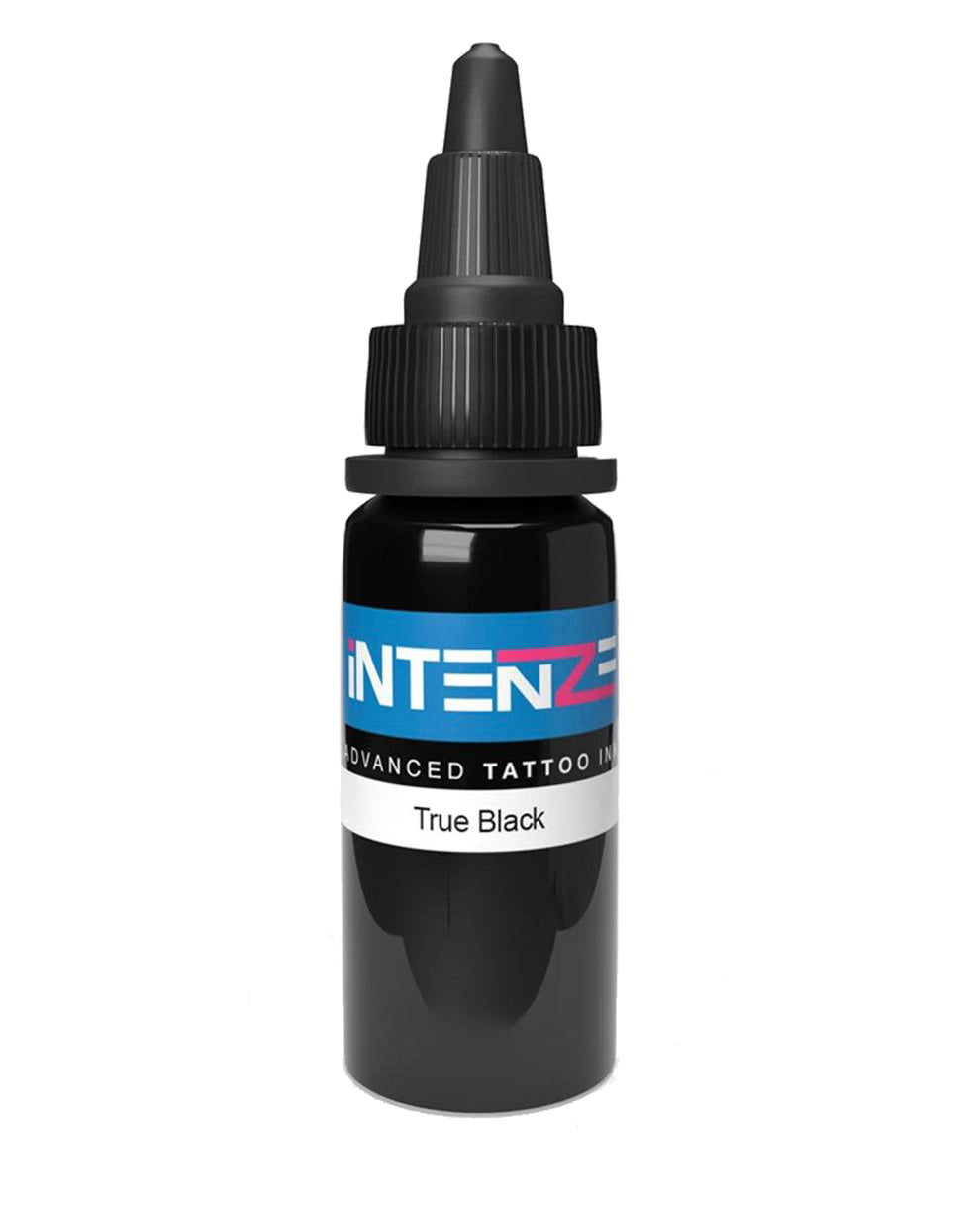 Intenze True Black Tattoo Ink 1oz bottle for bold lining and solid fills.
