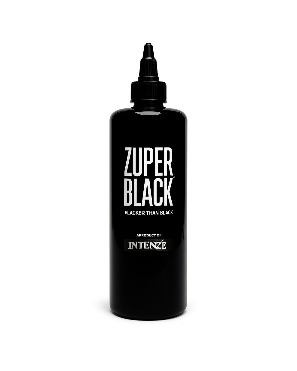 Intenze Zuper Black Tattoo Ink bottle – ultra-black, high-performance ink for tattoo artists, designed for maximum saturation and smooth flow.