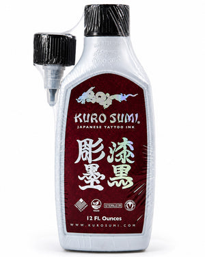 A bottle of Kuro Sumi Japanese Tattoo Ink in a white plastic bottle with a black cap and a dark red label, shown on a white background.