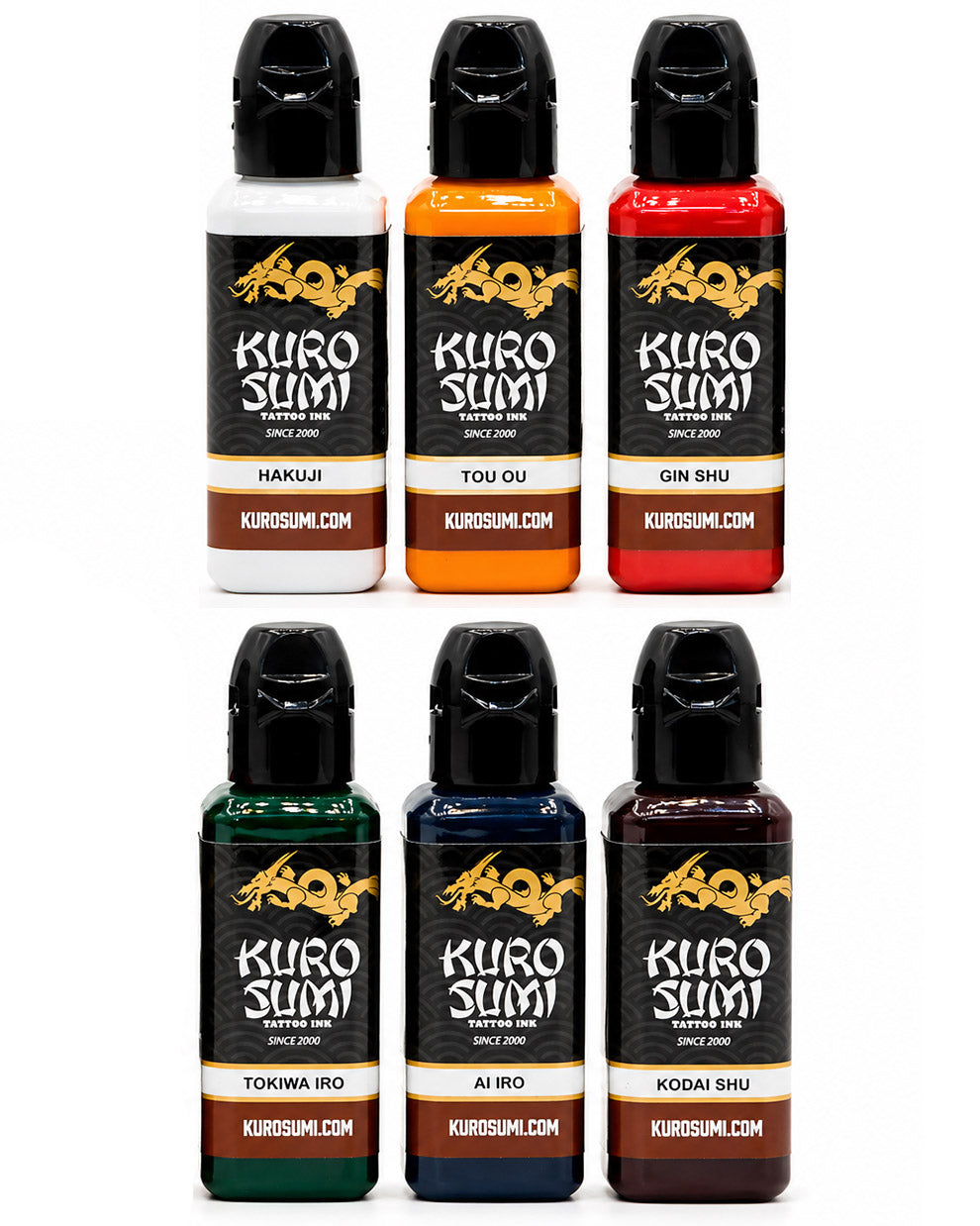 Kuro Sumi Yukyu Kensho II Japanese Tattoo Ink Set with 6 bottles 44ml 1.5oz each professional tattoo ink set for lining shading and color work authentic Japanese formula available at COZ Tattoo Supplies Canada