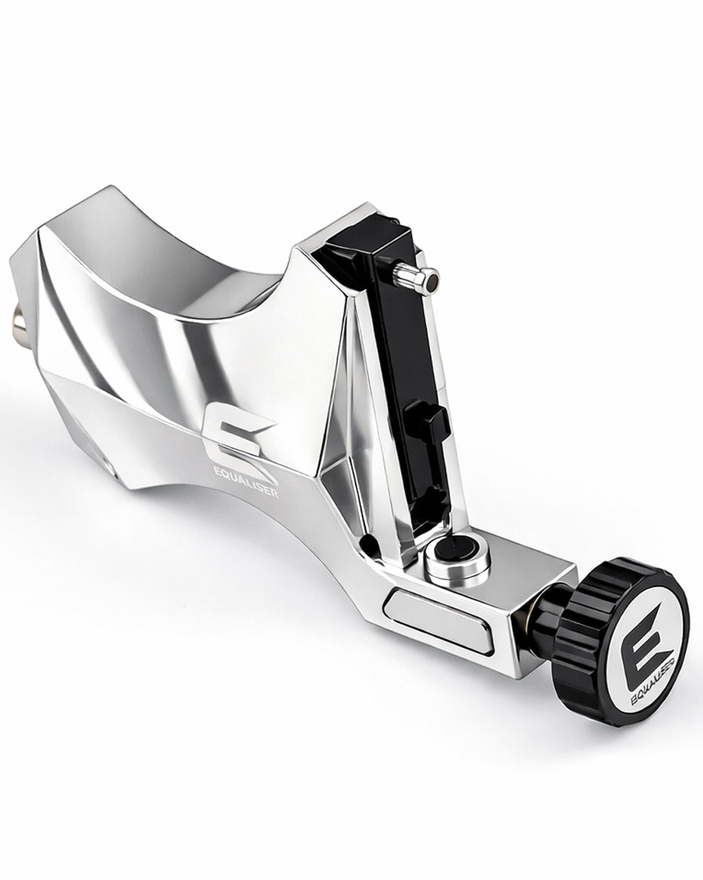 Kwadron Equaliser Ergo polished silver rotary tattoo machine, satin metal surface studio photo – Coz Tattoo Supplies