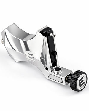 Kwadron Equaliser Ergo polished silver rotary tattoo machine, satin metal surface studio photo – Coz Tattoo Supplies