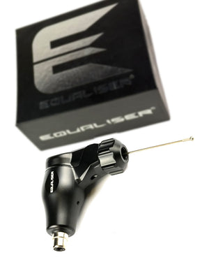 Kwadron Equaliser Fox Mini V2 Professional Rotary Tattoo Machine in black shown with machine body and retail box, compact lightweight rotary tattoo machine designed for precise control, available at COZ Tattoo Supplies