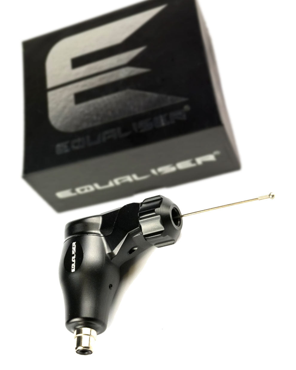 Kwadron Equaliser Fox Mini V2 Professional Rotary Tattoo Machine in black shown with machine body and retail box, compact lightweight rotary tattoo machine designed for precise control, available at COZ Tattoo Supplies