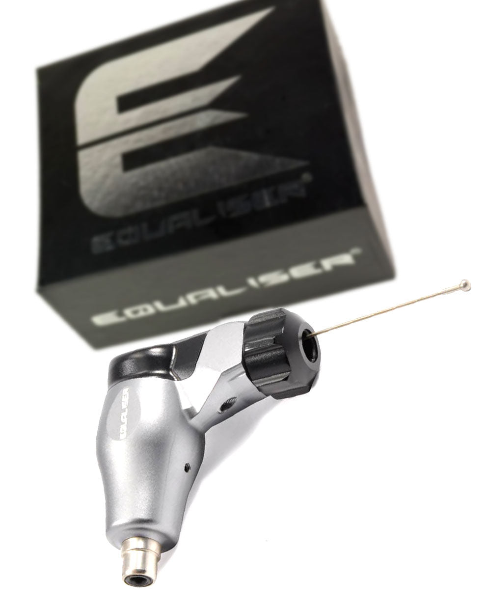 Kwadron Equaliser Fox Mini V2 Professional Rotary Tattoo Machine in gray shown with machine body and retail box, compact lightweight rotary tattoo machine designed for precise control, available at COZ Tattoo Supplies