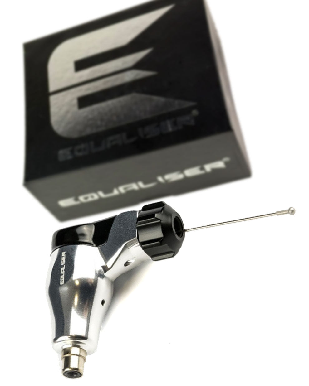 Kwadron Equaliser Fox Mini V2 Professional Rotary Tattoo Machine in silver polished finish shown with machine body and retail box, compact lightweight rotary tattoo machine designed for precise control, available at COZ Tattoo Supplies