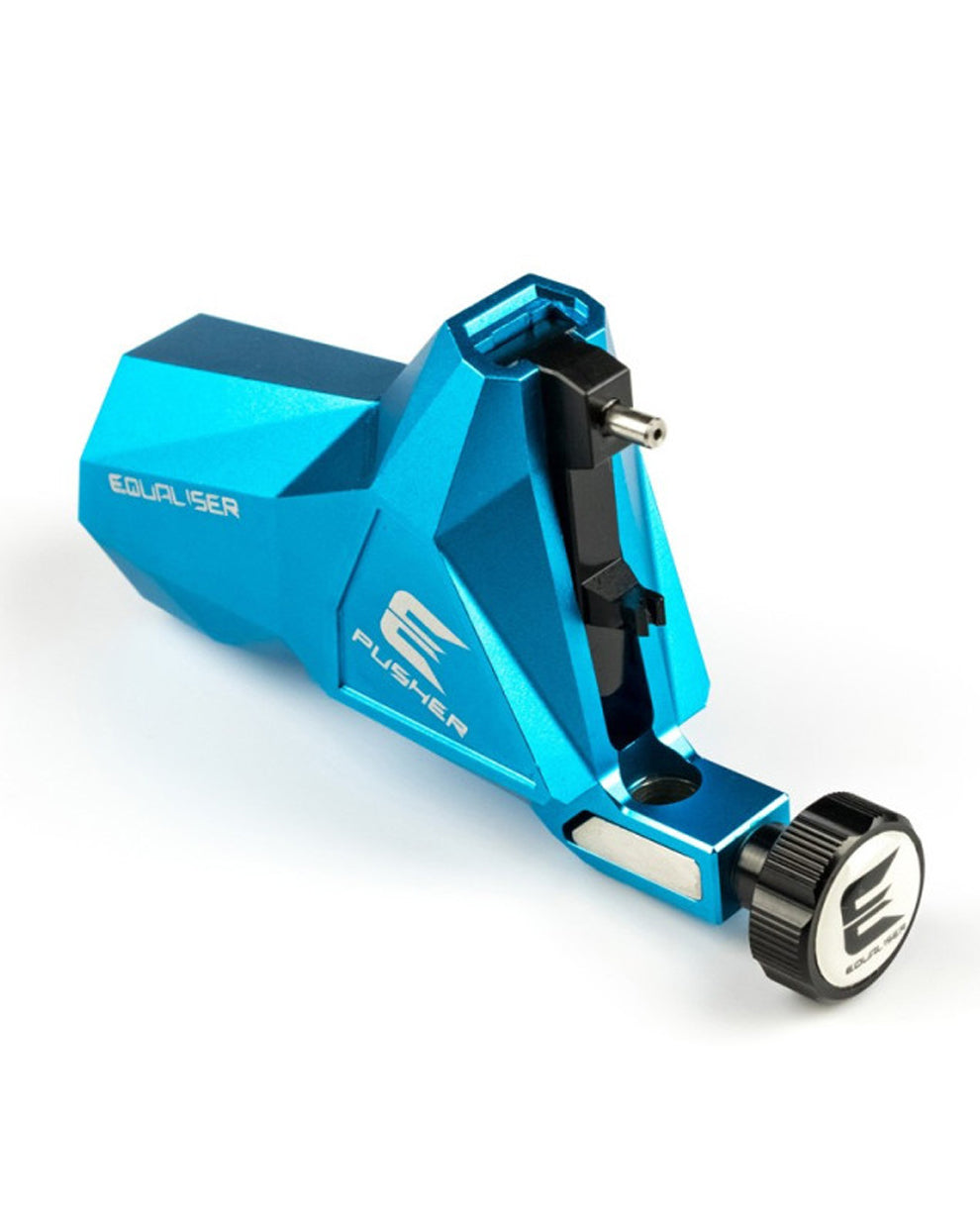 Kwadron Equaliser Pusher Professional Rotary Tattoo Machine in blue shown from angled view, powerful rotary tattoo machine designed for stable linework and color packing, available at COZ Tattoo Supplies