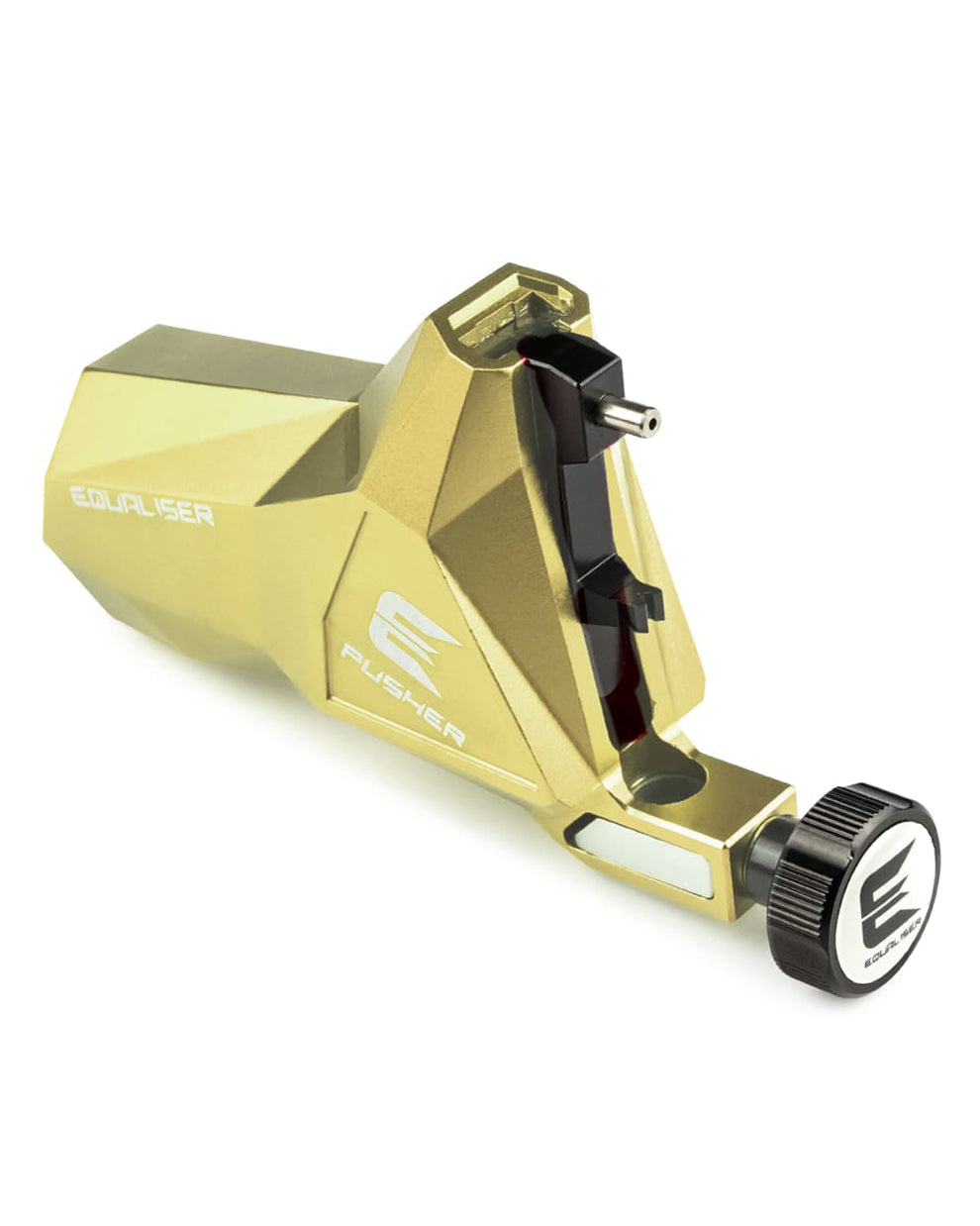 Kwadron Equaliser Pusher Professional Rotary Tattoo Machine in gold finish shown from angled view, powerful rotary tattoo machine designed for stable linework and solid color packing, available at COZ Tattoo Supplies