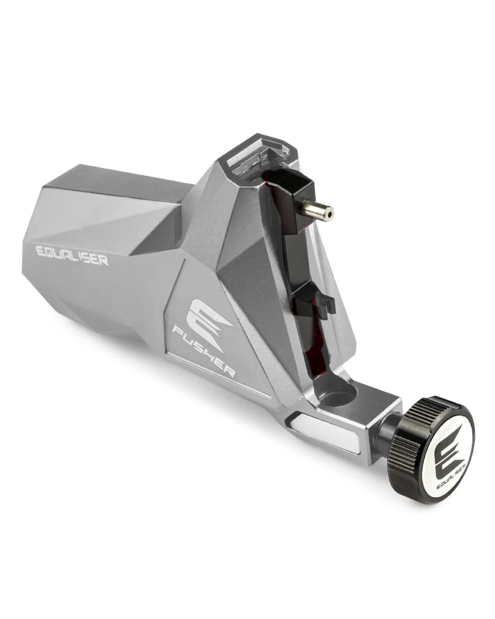 Kwadron Equaliser Pusher Professional Rotary Tattoo Machine in gray finish shown from angled view, powerful rotary tattoo machine designed for stable linework and consistent color packing, available at COZ Tattoo Supplies