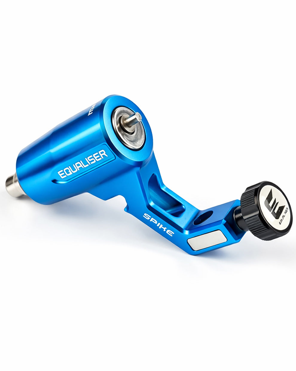 Kwadron Equaliser Ergo blue rotary tattoo machine on white background professional studio product photo