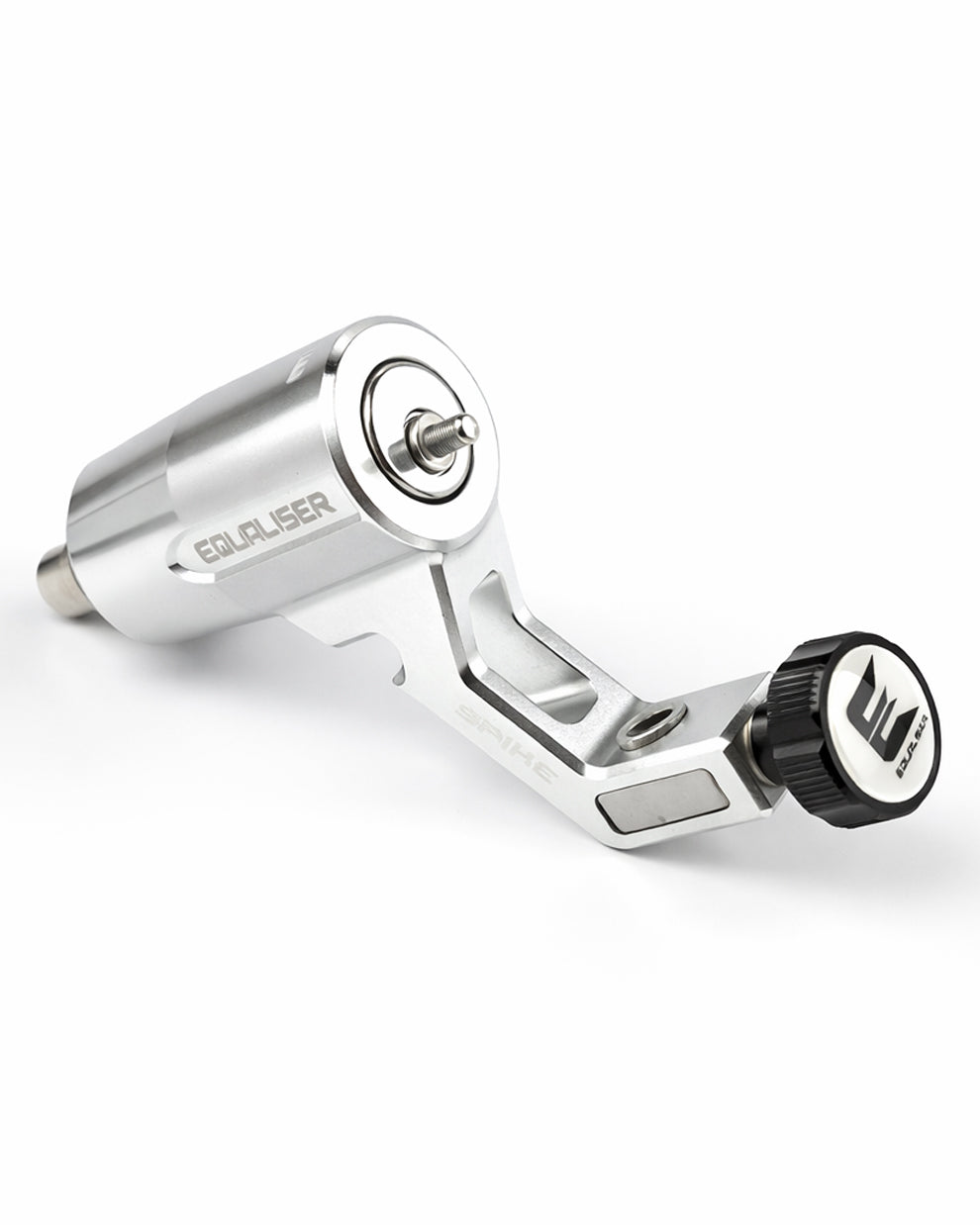 Kwadron Equaliser Ergo polished silver rotary tattoo machine studio shot on white background