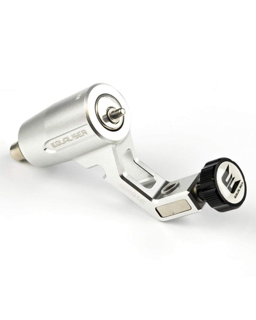 Kwadron Equaliser Spike Mini rotary tattoo machine in silver finish on white background
