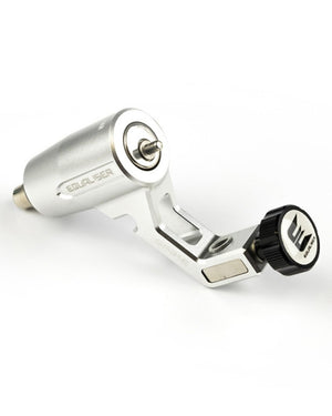 Kwadron Equaliser Spike Mini rotary tattoo machine in silver finish on white background
