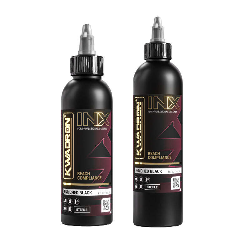 Kwadron INX Enriched Black Tattoo Ink bottles in 120ml and 240ml sizes - professional-grade black ink for tattoos.