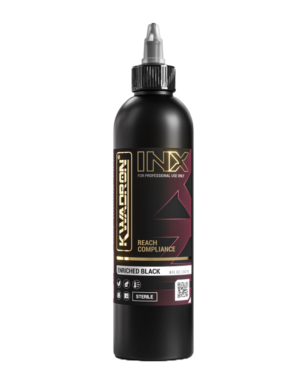 Kwadron INX Enriched Black Tattoo Ink bottles in 120ml and 240ml sizes - professional-grade black ink for tattoos.