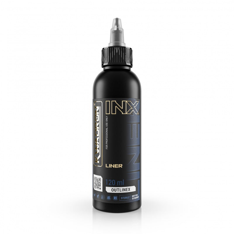 KWADRON INX Outlinex Liner 120ml professional black tattoo ink bottle available at Coz Tattoo Supplies