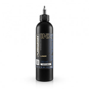 KWADRON INX Outlinex Liner 240ml professional black tattoo ink bottle available at Coz Tattoo Supplies