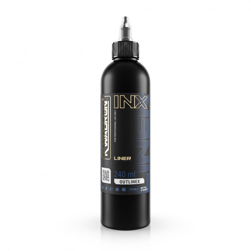 KWADRON INX Outlinex Liner 240ml professional black tattoo ink bottle available at Coz Tattoo Supplies