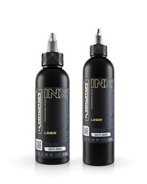 KWADRON INX Outlinex Liner tattoo ink bottles 120ml and 240ml on white background available at Coz Tattoo Supplies