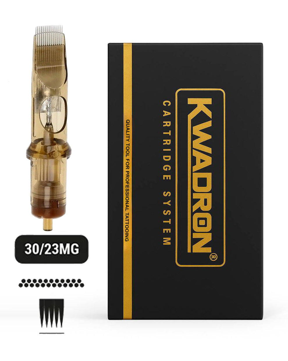 Kwadron 30/23MGLT Magnum L-Taper tattoo cartridge with box on white background