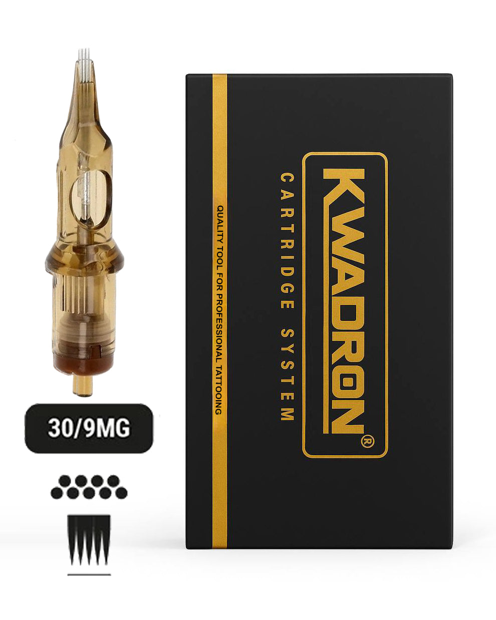 Kwadron 30/9MGLT Magnum L-Taper tattoo cartridge with box on white background