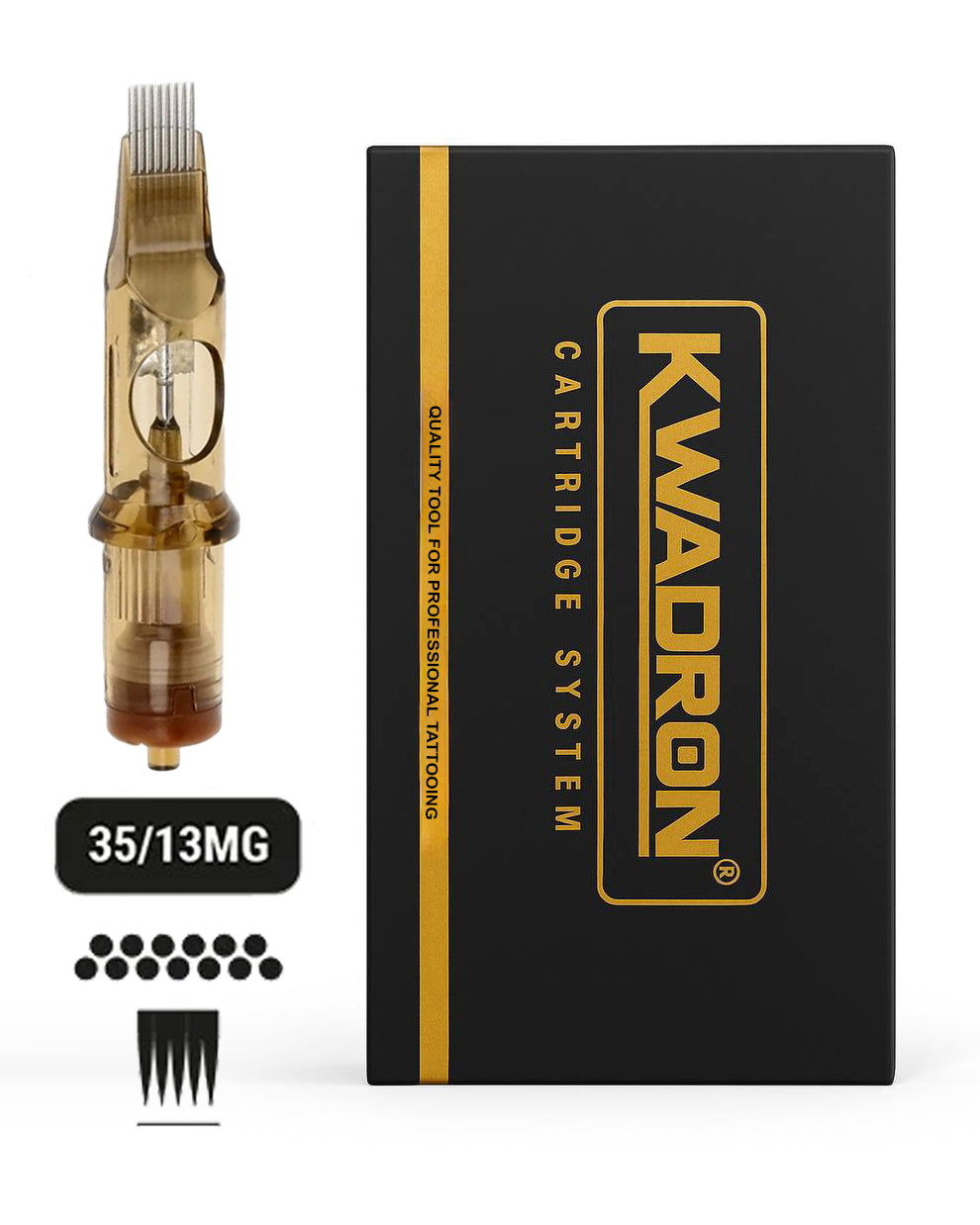 Kwadron 35/13MGLT Magnum L-Taper tattoo cartridge with box on white background
