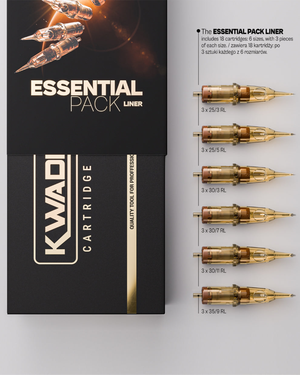 Kwadron Round Liner Essential Pack tattoo cartridges arranged with box