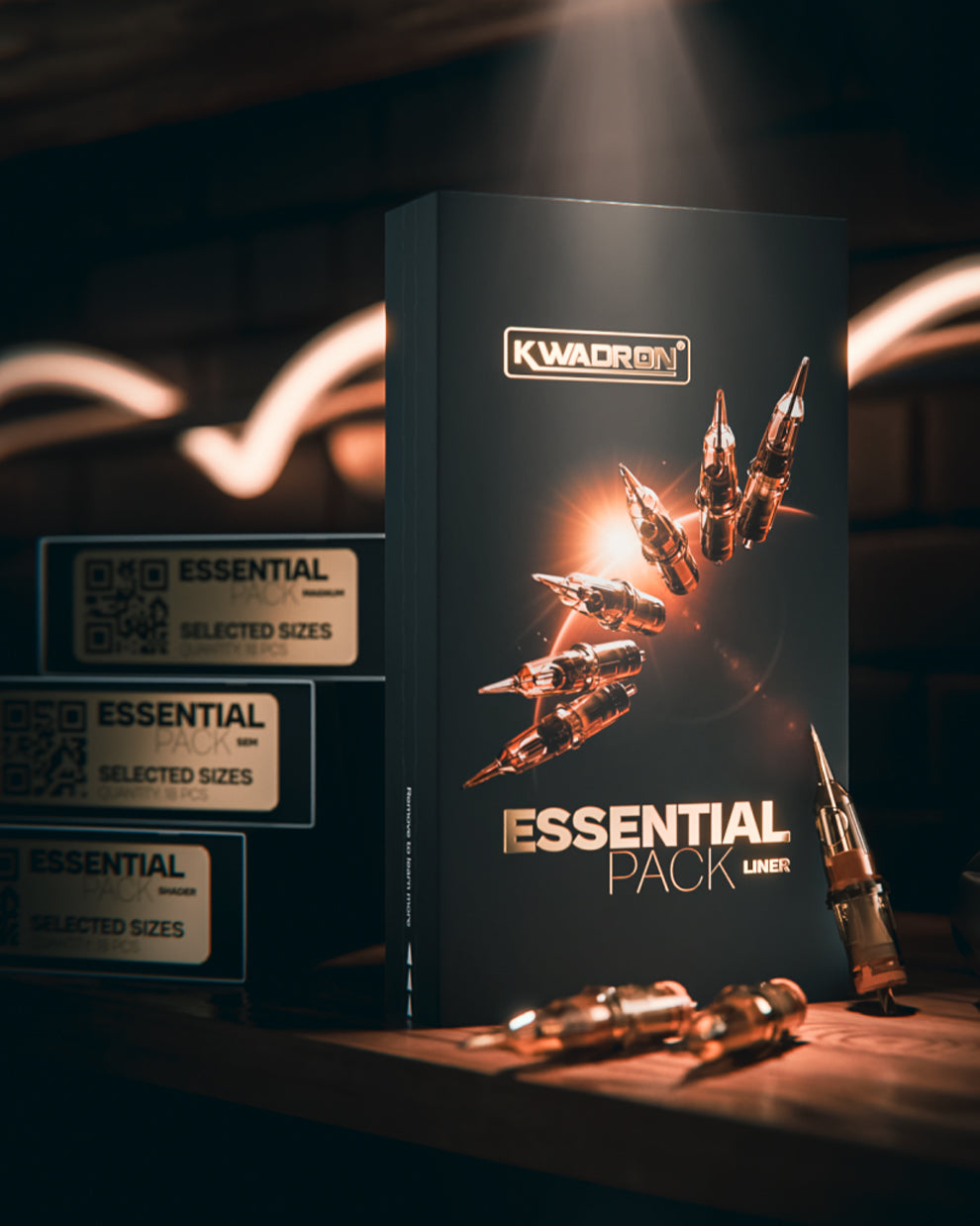 Kwadron Round Liner Essential Pack tattoo cartridges in tattoo studio setup