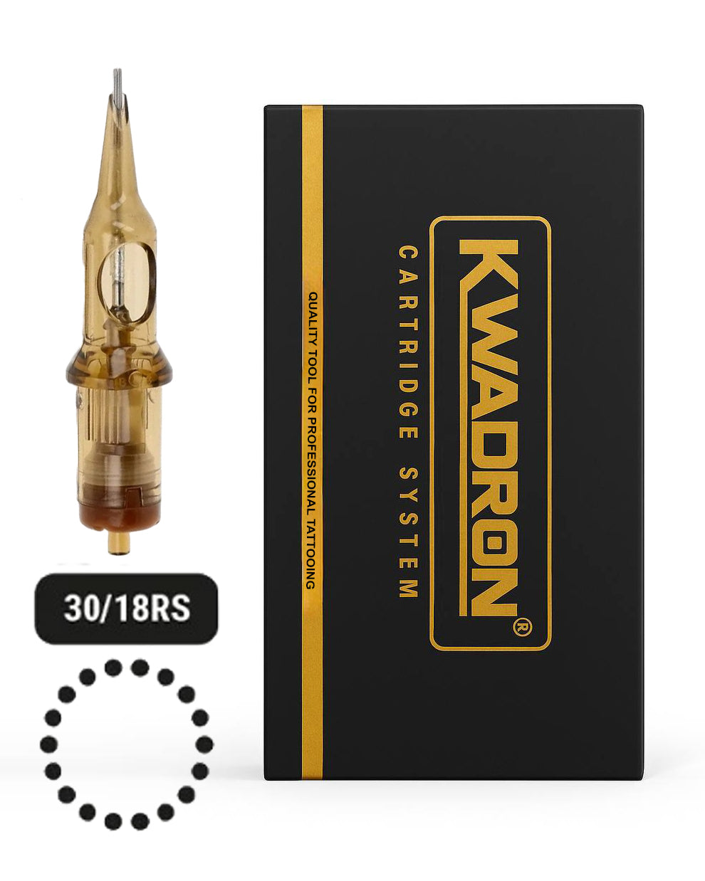 Kwadron Round Shader Tattoo Cartridge 30/18 L-Taper with packaging on white background