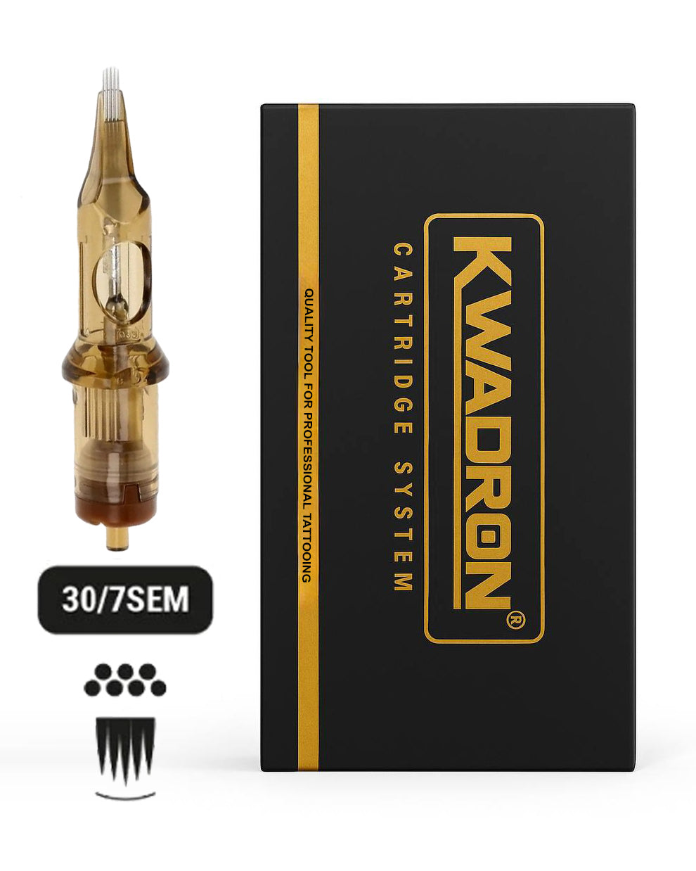 Kwadron Soft Edge Magnum L-Taper 30/7 cartridge needle with Kwadron box on white background