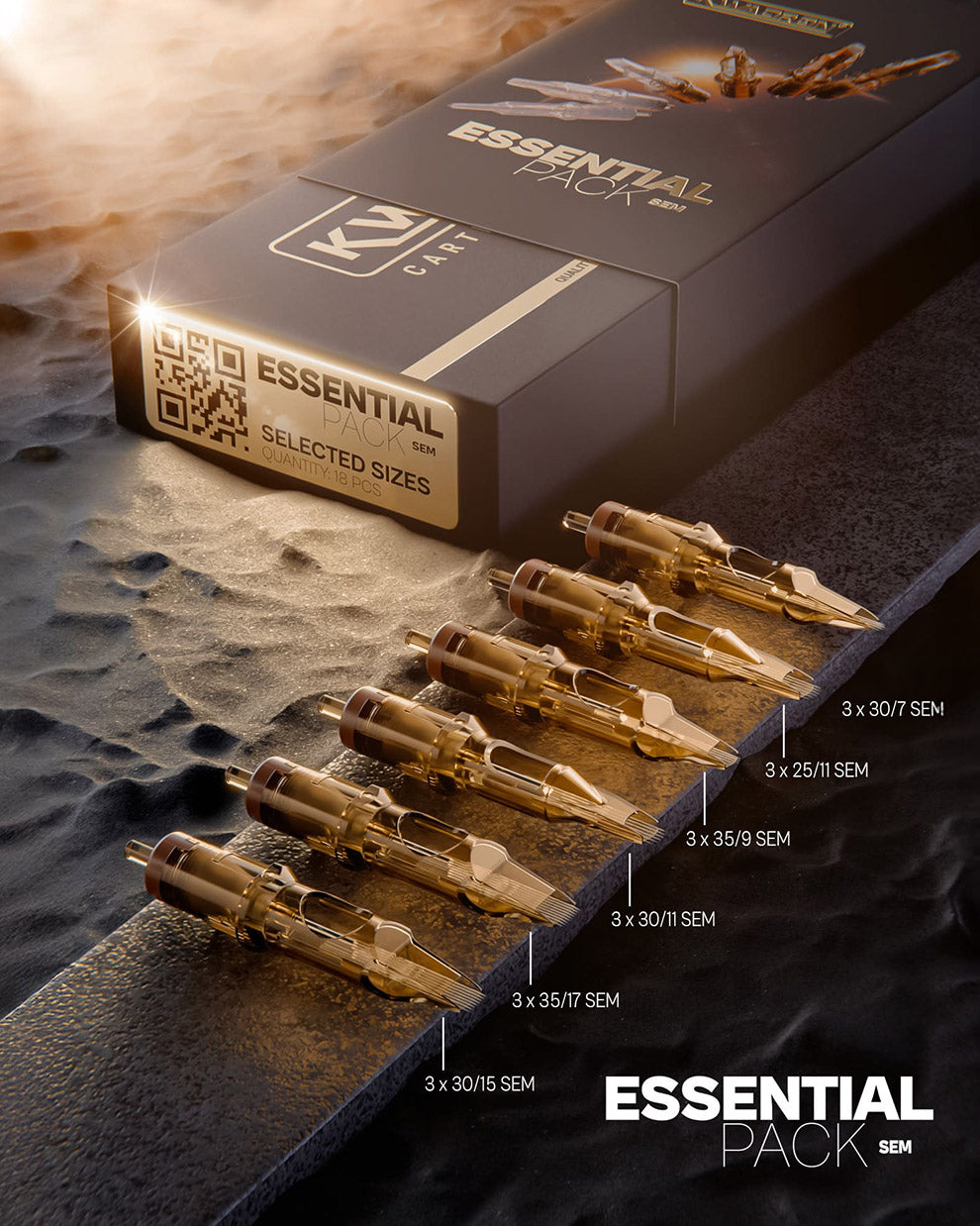 Kwadron soft edge magnum essential pack tattoo cartridges premium display on textured surface coz tattoo supplies