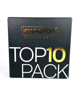Kwadron Top10 Pack tattoo cartridges box by COZ Tattoo Supplies Canada, mixed professional cartridge set for lining shading and color work