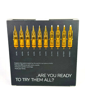 Back view of Kwadron Top10 Pack tattoo cartridges showing mixed needle configurations by COZ Tattoo Supplies Canada for lining shading and color work