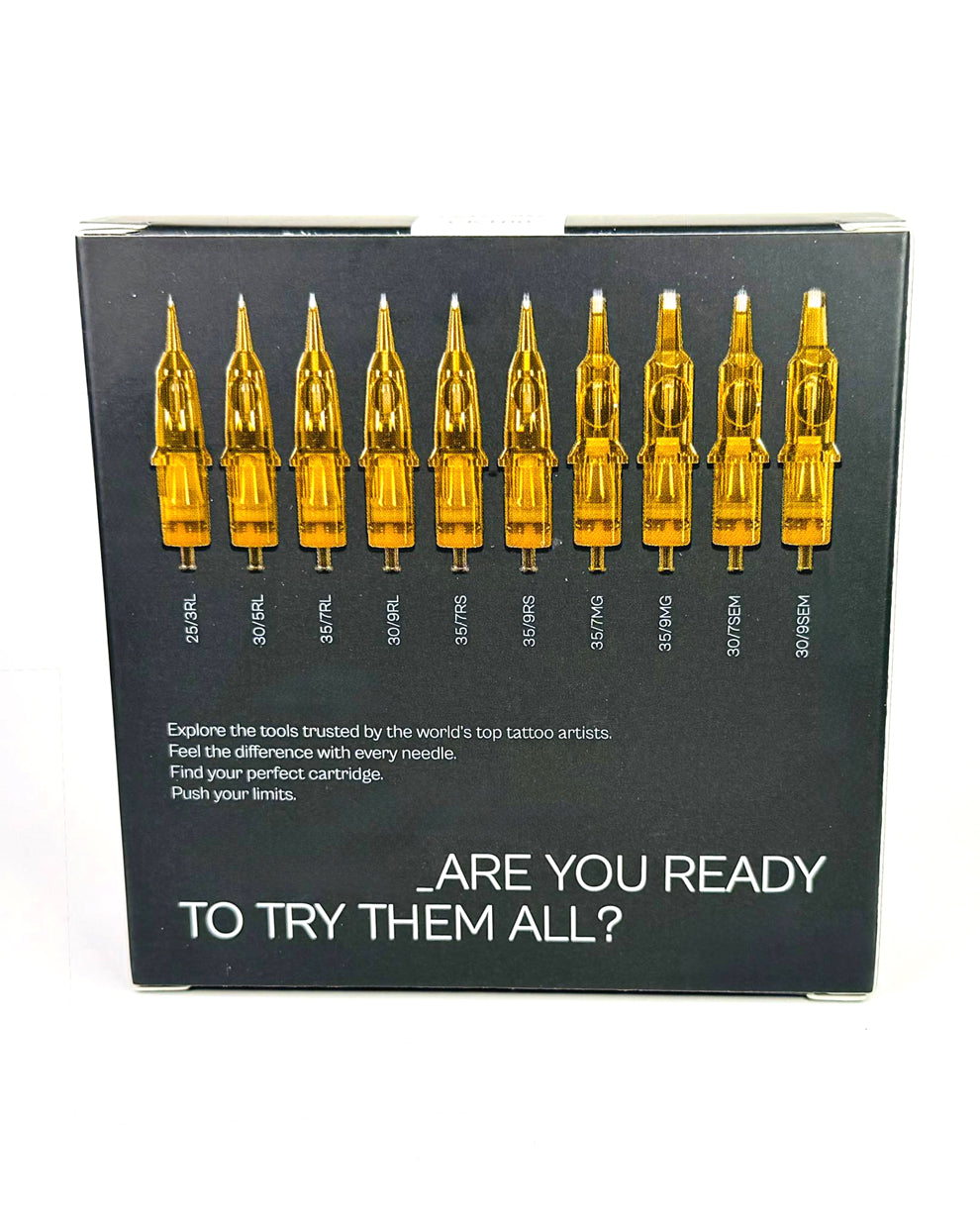 Back view of Kwadron Top10 Pack tattoo cartridges showing mixed needle configurations by COZ Tattoo Supplies Canada for lining shading and color work