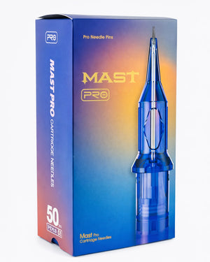 Mast Pro cartridge needles box photographed on a clean white background with professional studio lighting, packaging details clearly visible, available at Coz Tattoo Supplies
