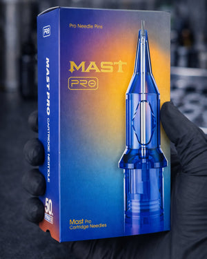 Mast Pro cartridge needles box on tattoo artist table in professional studio, Coz Tattoo Supplies