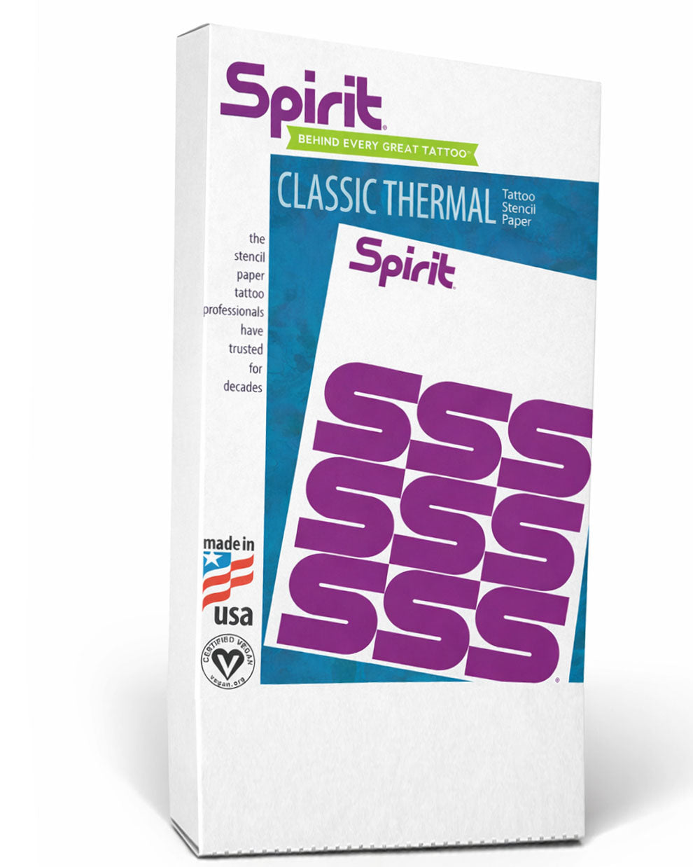 Spirit Thermal Paper 8.5×14 tattoo stencil paper box shown in a clean 3D product view on a white background