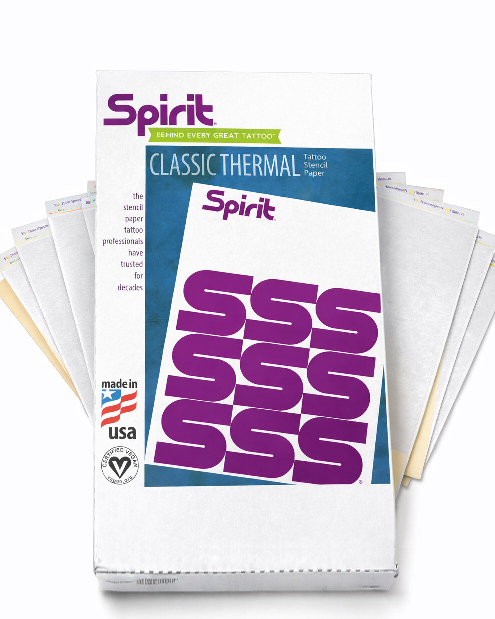 Spirit Thermal Paper 8.5×14 tattoo stencil paper pack with layered sheets, designed for thermal tattoo printers and professional stencil transfers