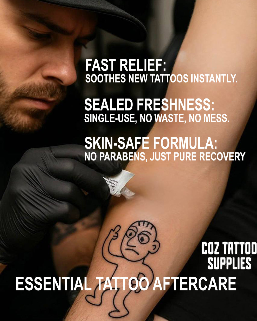 Tattoo artist applying single-use ointment on fresh tattoo – skin-safe and sealed for freshness.